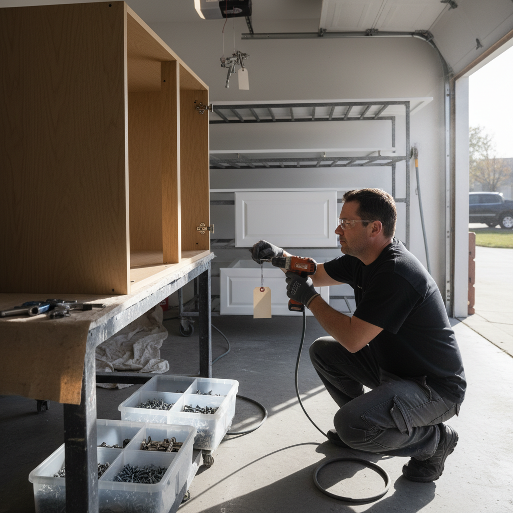 Organized garage spray setup with labeled kitchen cabinet doors on drying racks during a professional kitchen cabinet painting service in Toronto
