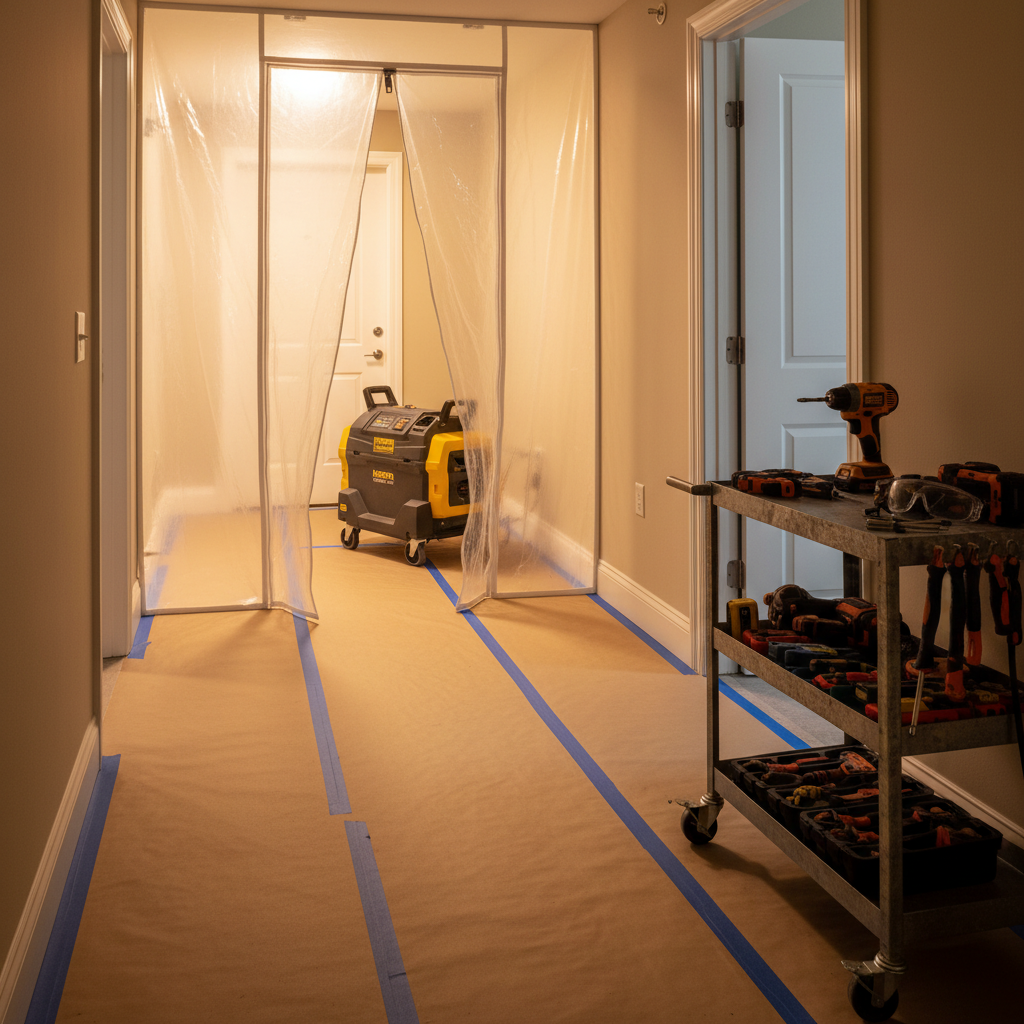 Tenant-friendly hallway setup for occupied bathroom remodeling with zipper dust door, HEPA air scrubber, and neat tool cart