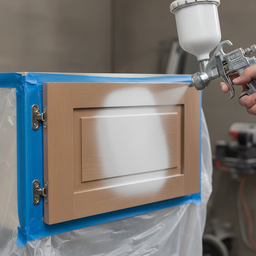 HVLP spray painting detail for kitchen cabinet door with smooth satin finish by a professional kitchen cabinet painting service
