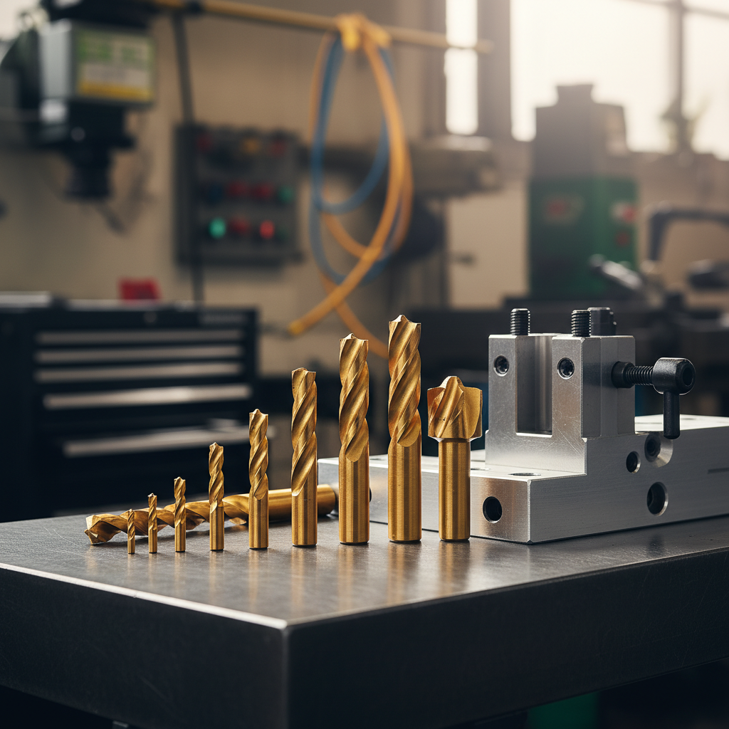 Golden TiN-coated drills and end mills illustrating PVD coating types applied to cutting tools for wear resistance and heat stability