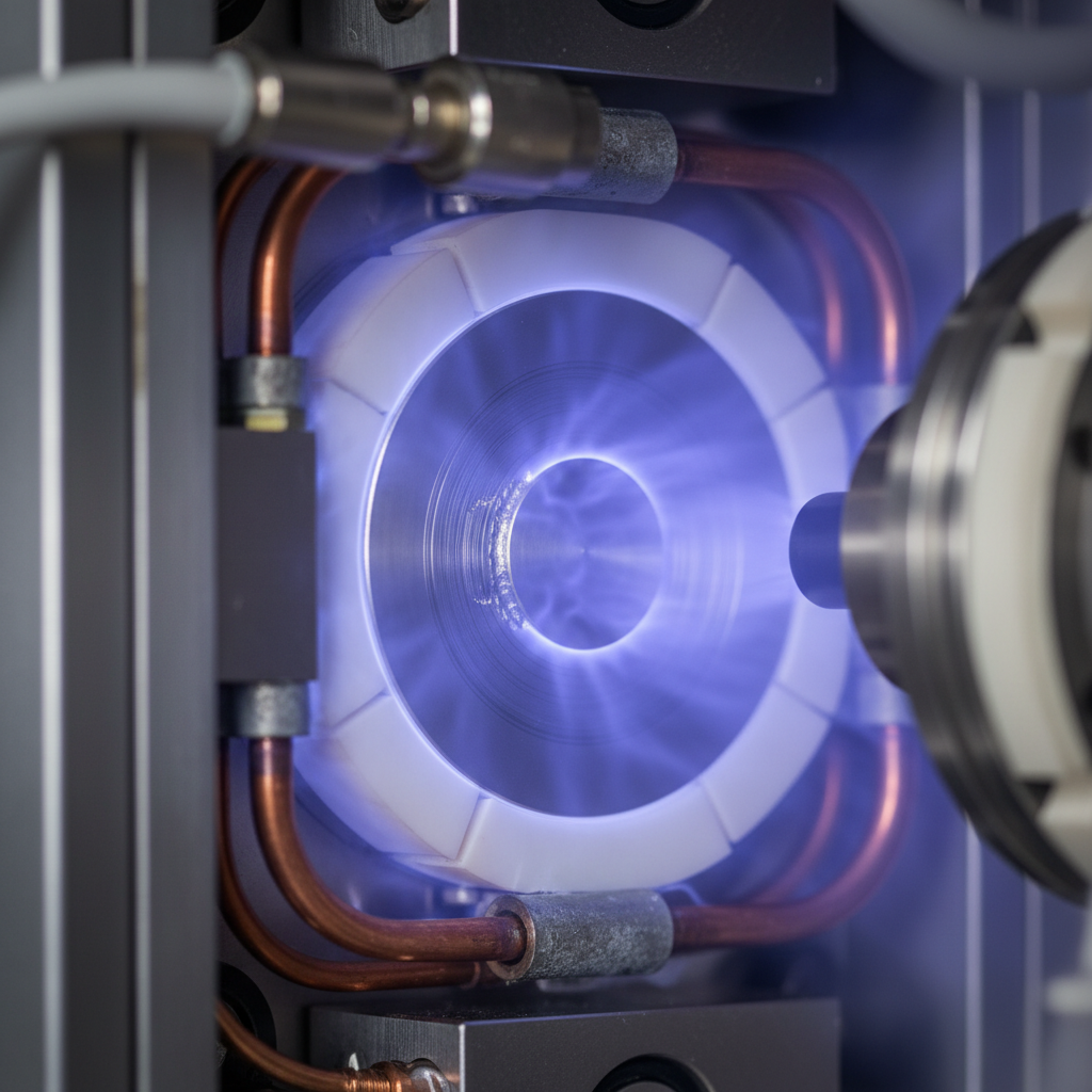 Close-up of magnetron sputtering plasma inside a PVD chamber showing blue glow and metal target erosion tracks for physical vapor deposition types