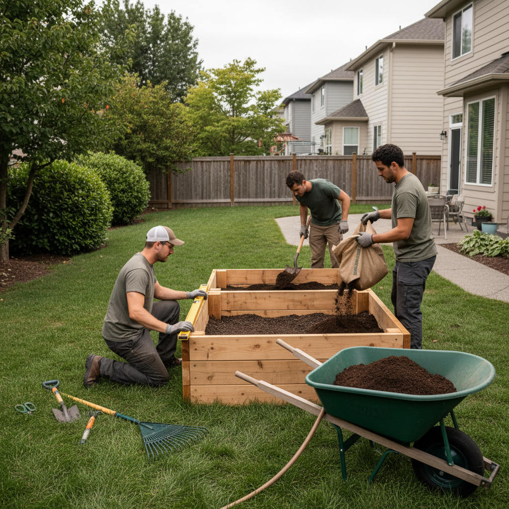 Side-angle view of a crew installing a raised wooden garden bed with leveled frame and layered topsoil for a Mississauga property