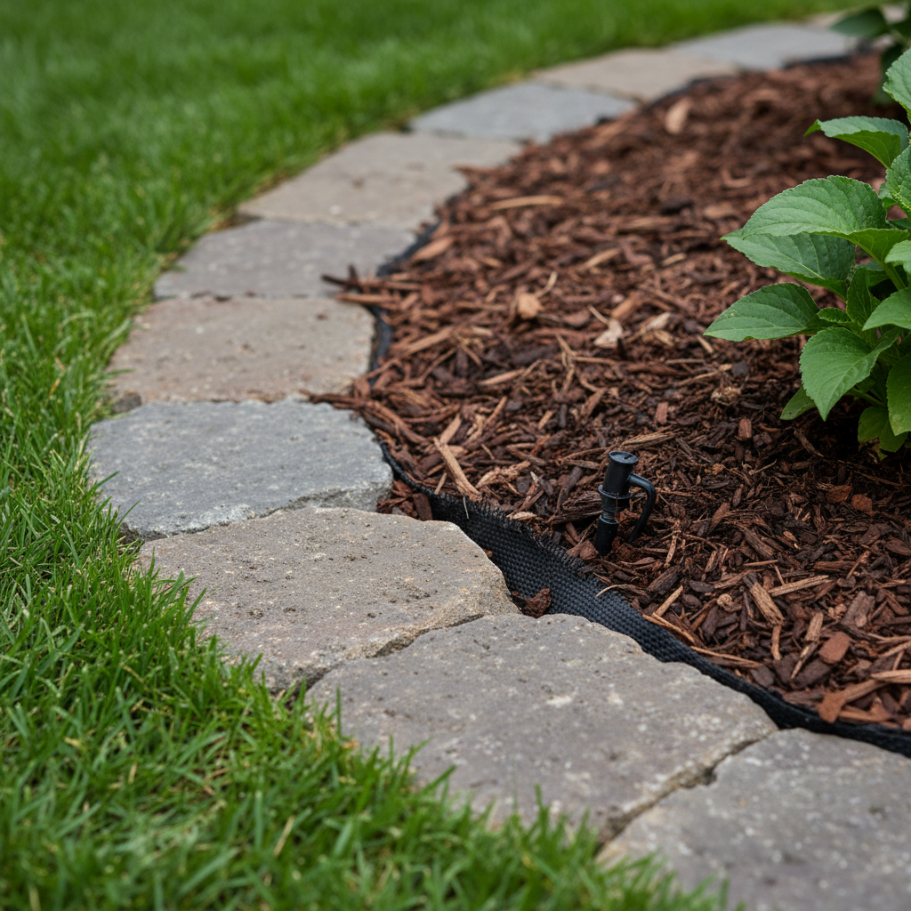Close-up garden bed renovation detail with paver edging, drip irrigation, and 2–3 inches of mulch for low-maintenance landscaping