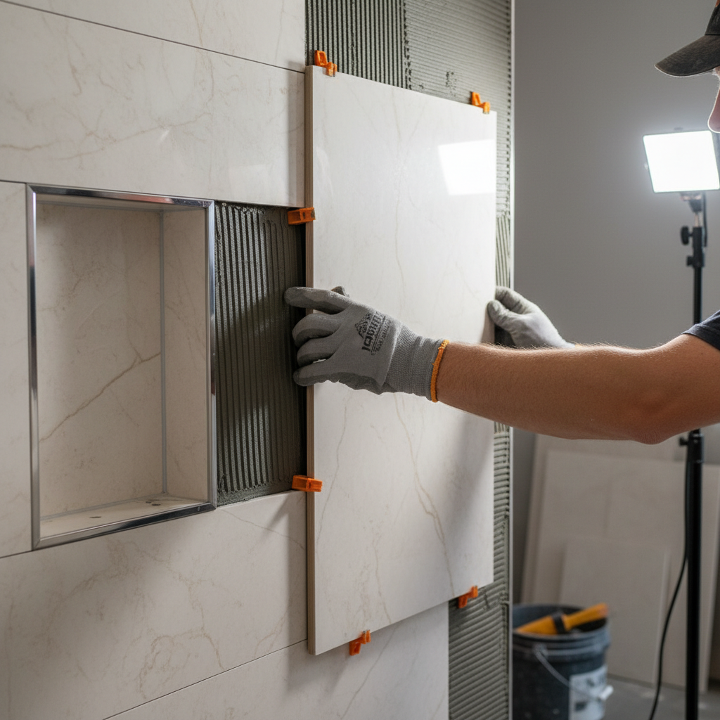 Close-up of bathroom remodeling detail: large-format porcelain tile set with leveling clips during an occupied-unit upgrade