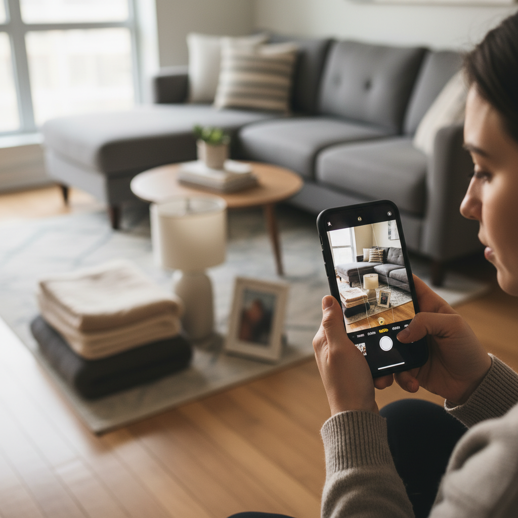 Close-up of renter creating a home inventory for Toronto tenant insurance using a smartphone