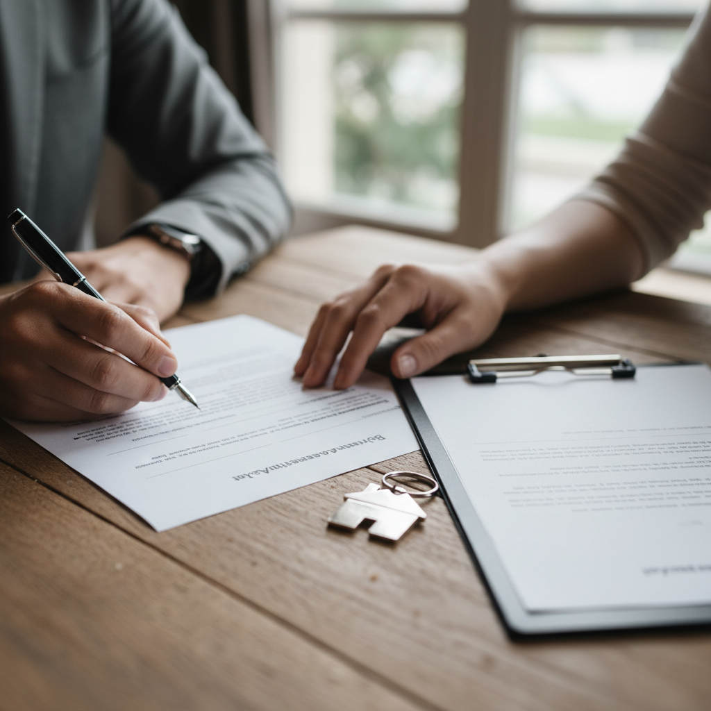 Close-up of hands signing a buyer representation agreement, illustrating buyer representation duties and confidentiality