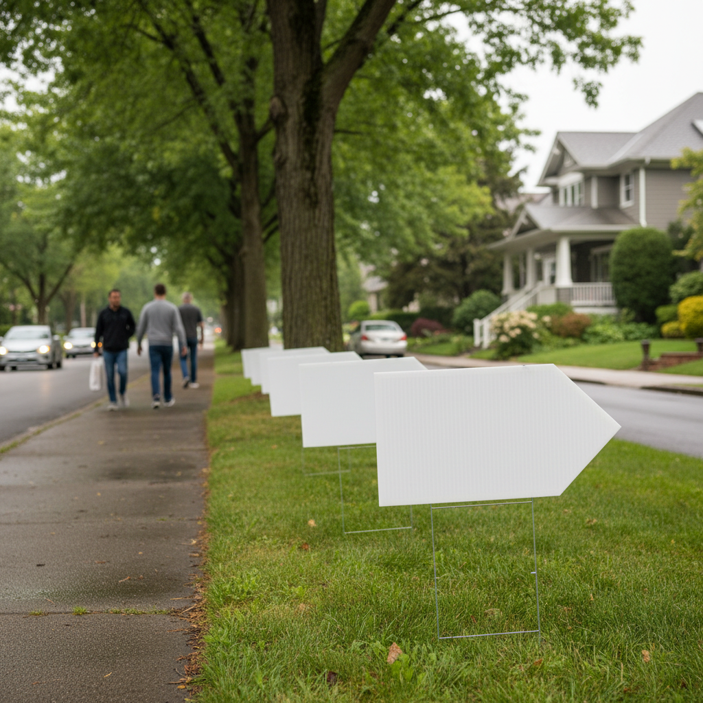 Open house directional signs staked along a sidewalk guiding buyers to a property in Mississauga