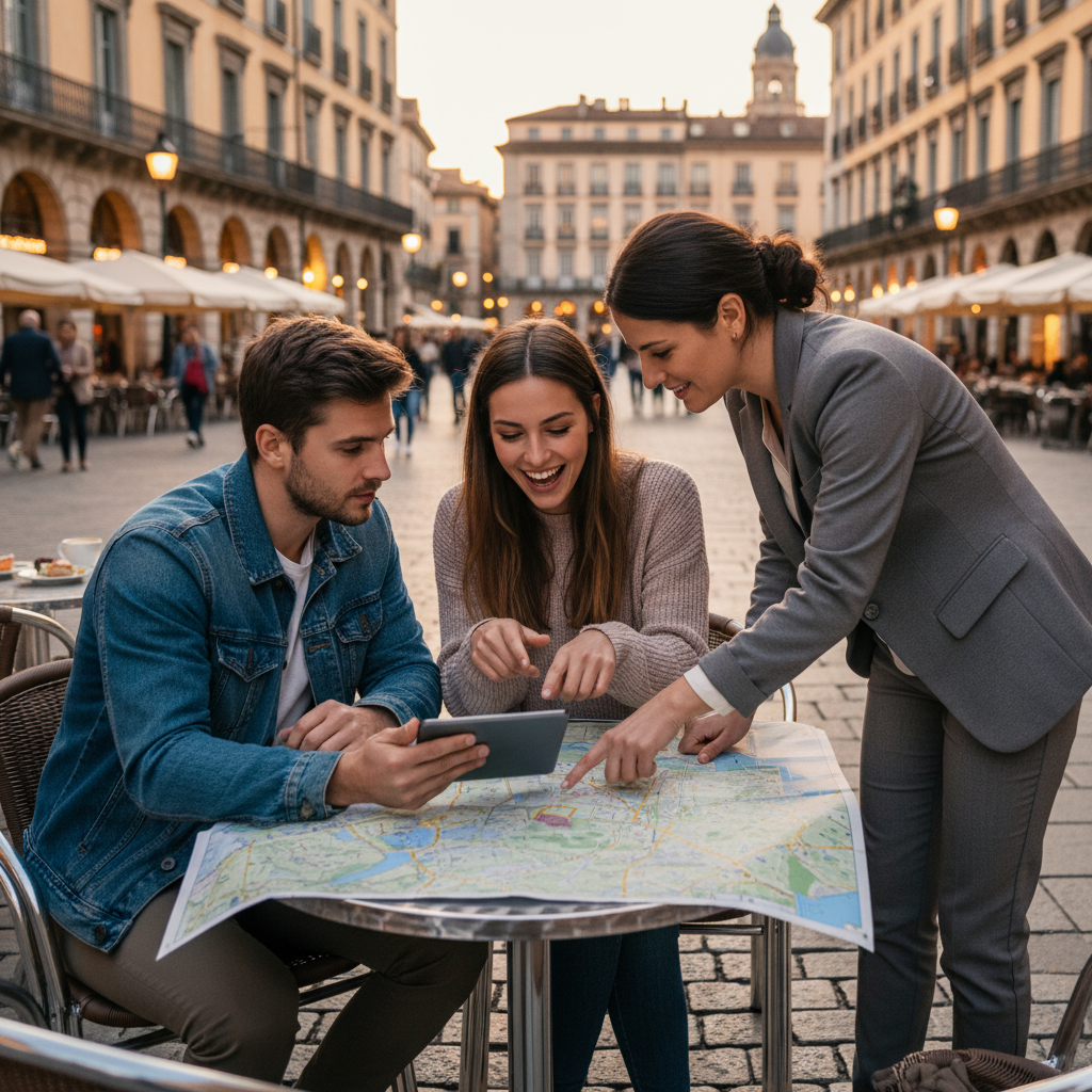Realtor reviewing listings on a tablet with buyers, discussing buyer representation strategy and neighborhood data over a café table