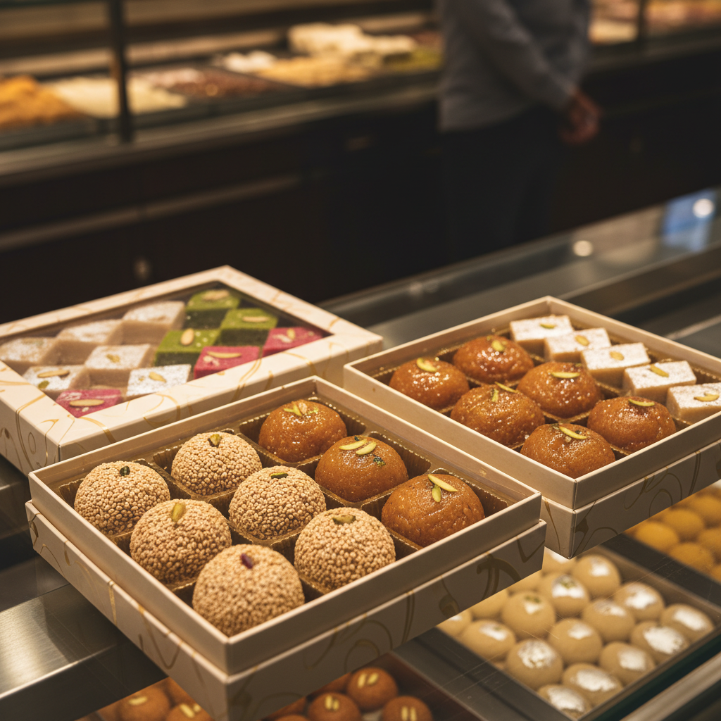 Premium gift box with sesame ladoo, ghee ladoo, and assorted barfi from The Mithai Maharaja, Brampton