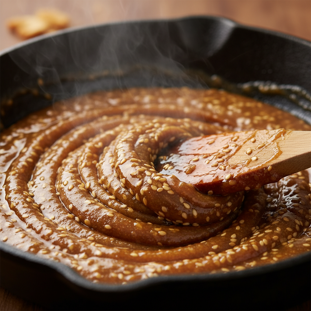Close-up of toasted sesame seeds mixing with molten jaggery for sesame ladoo at The Mithai Maharaja in Brampton