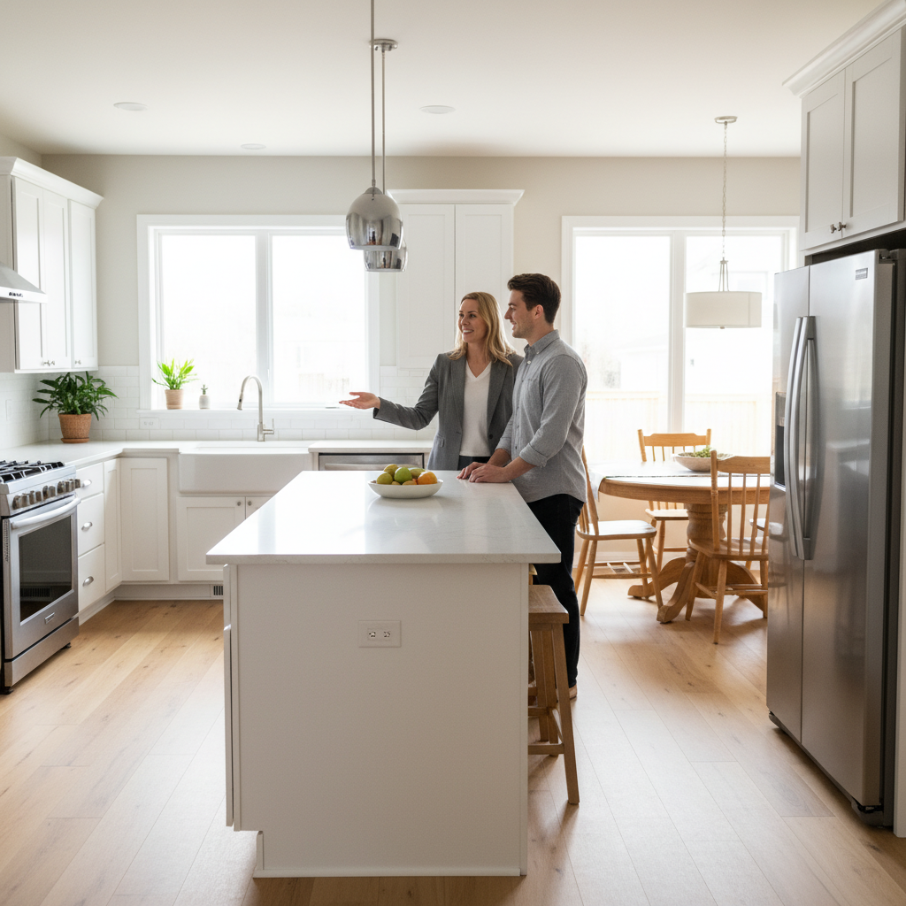 Realtor guiding buyers through an open-concept kitchen in a Brampton featured home, illustrating efficient tours from a curated shortlist