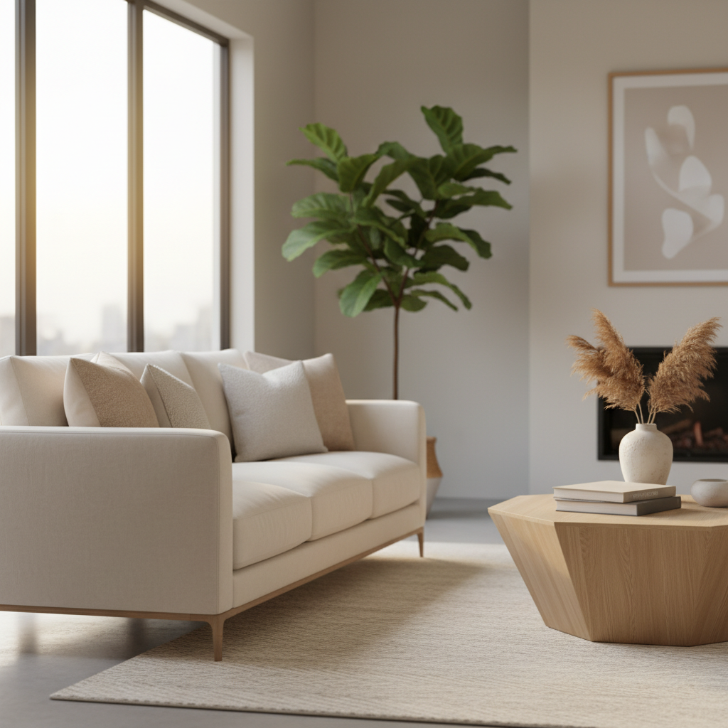 Staged living room interior in a modern Brampton featured home with natural light and neutral design, ideal for buyers comparing condos, townhomes, and houses