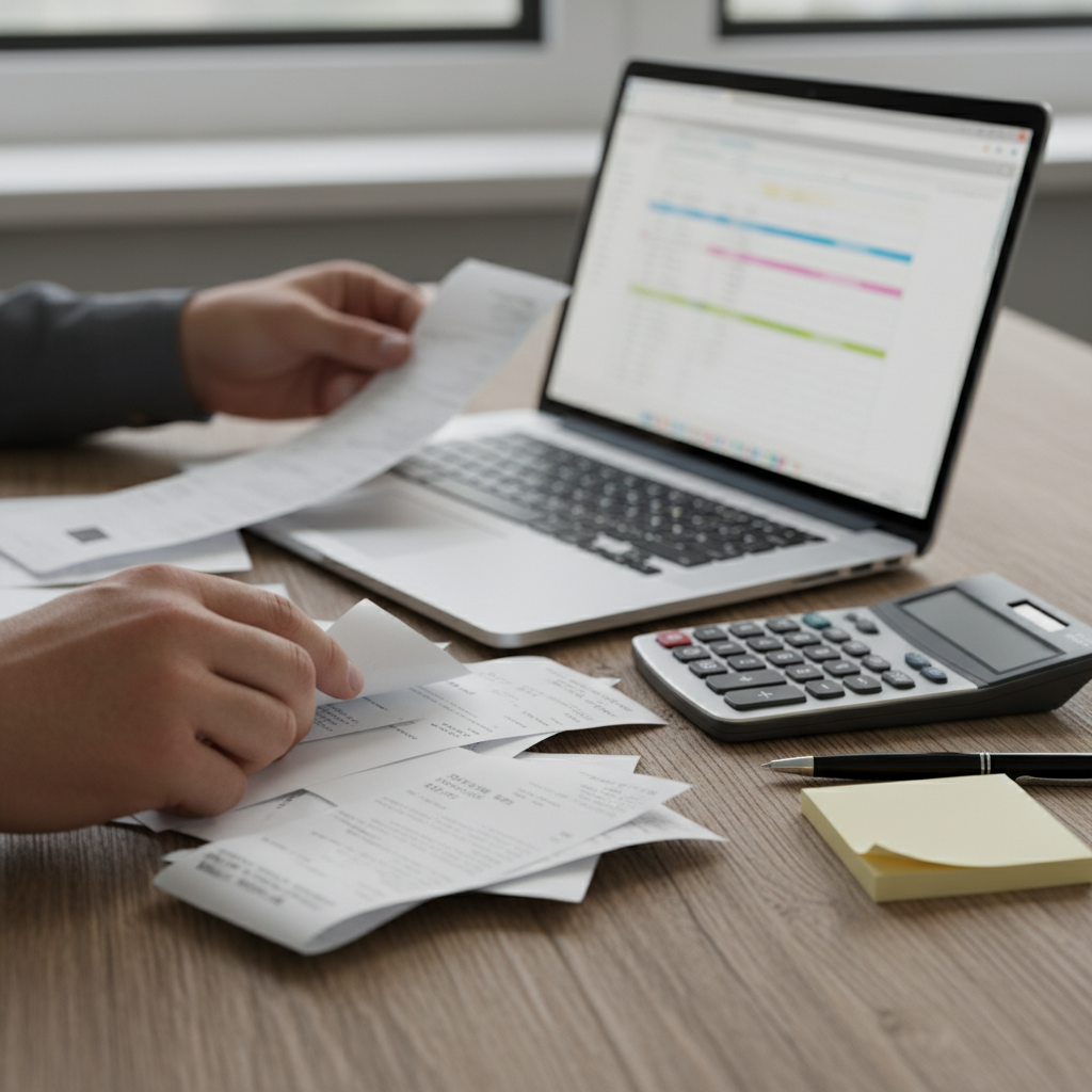 Close-up of small business accounting: reconciling receipts, laptop and calculator for bookkeeping workflow