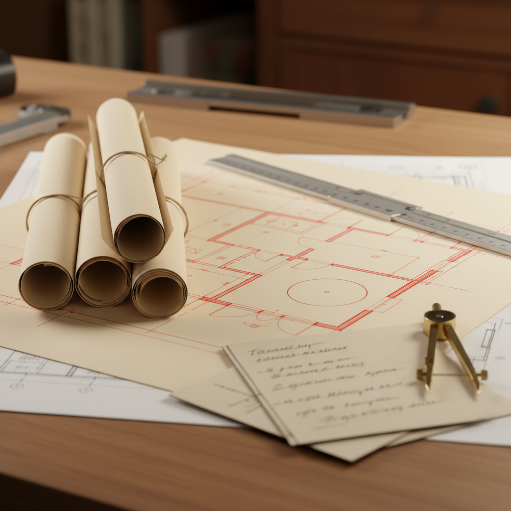 Close-up of redlined construction plans and blueprints on a drafting table, illustrating how construction plans guide Texas projects