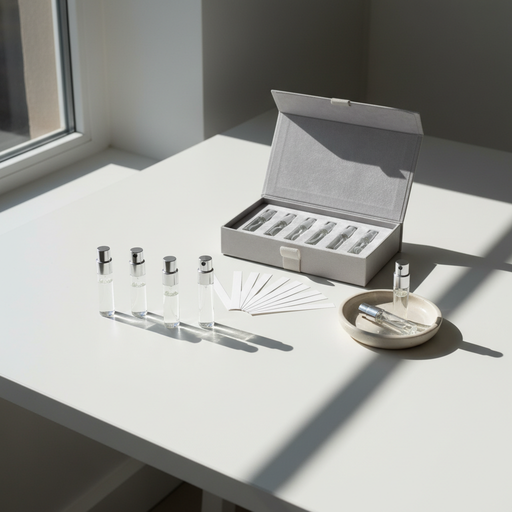 Elegant cologne sample pack with discovery set box, glass vials, and blotter strips on a minimalist table