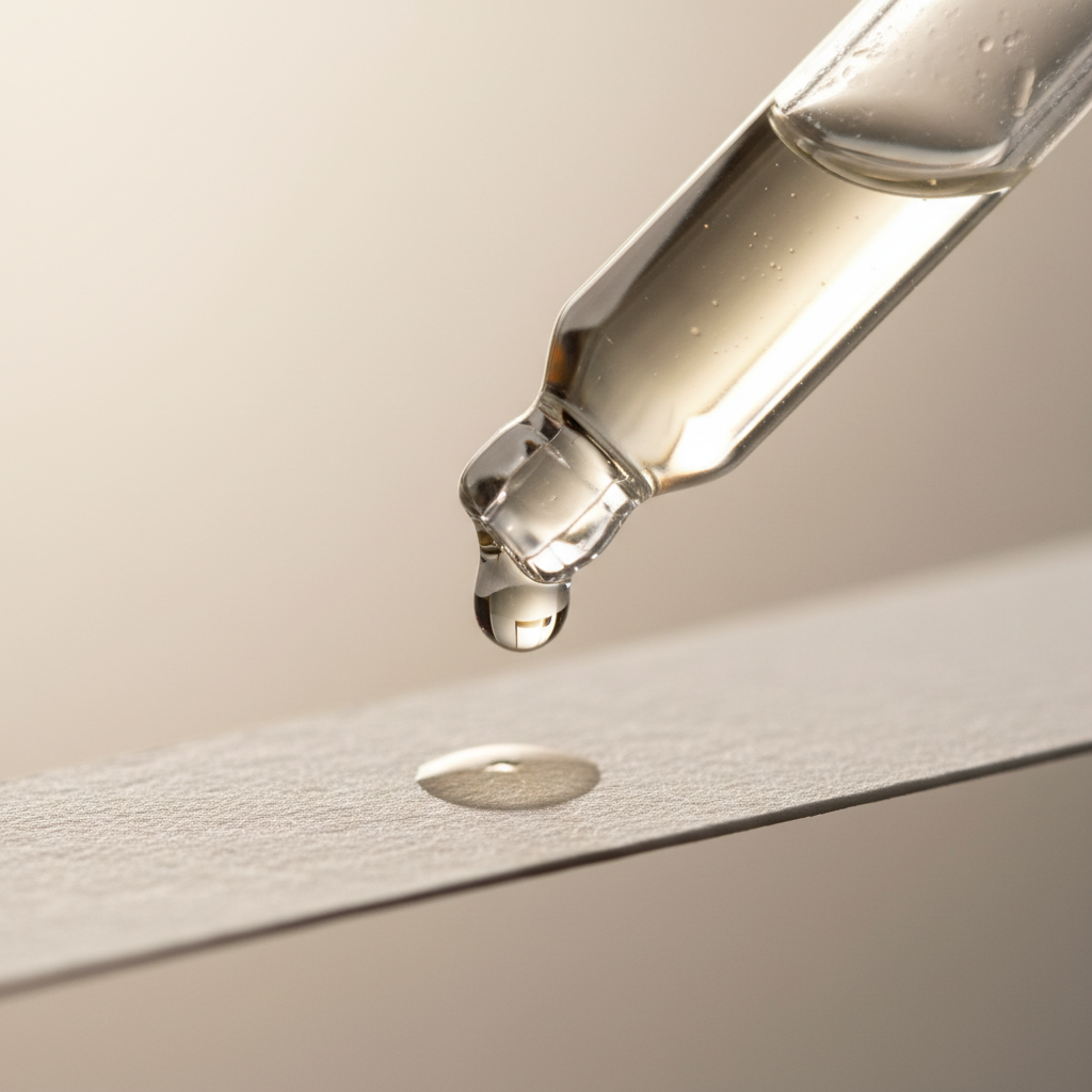 Close-up of a perfume sample vial and dropper placing a precise drop on a fragrance blotter strip for testing