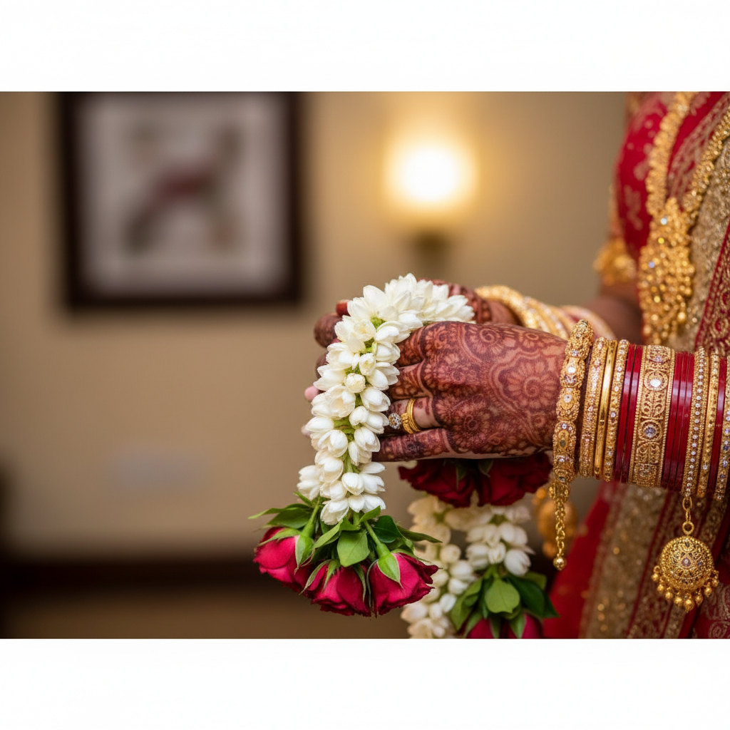 Close-up of mehndi-adorned bridal hands holding jasmine rose garland, symbolizing Indian wedding rituals and planner attention to detail