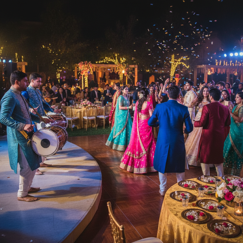Vibrant sangeet dance floor with dhol players and colorful attire, showing Indian wedding planner coordination and energy management
