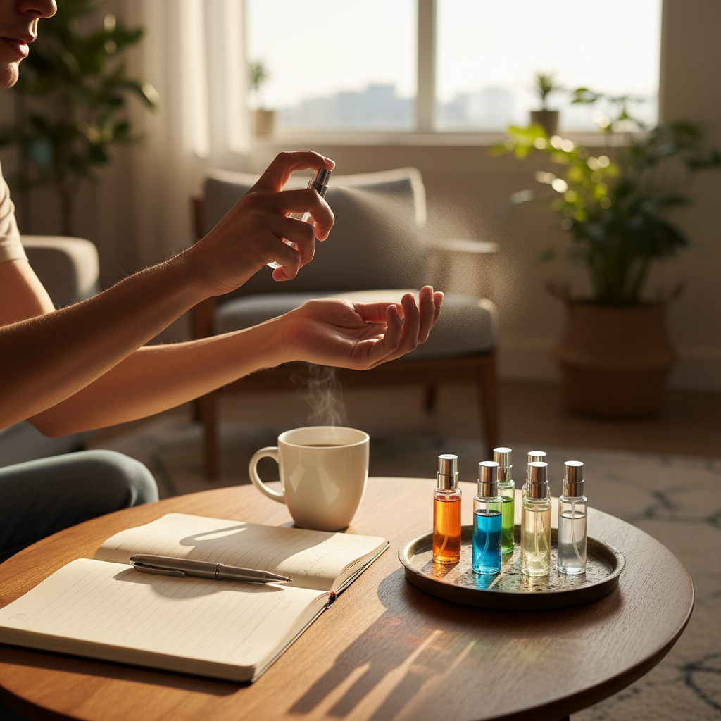 At-home fragrance testing scene with a person spraying a cologne sample on wrist next to notebook and sample vials