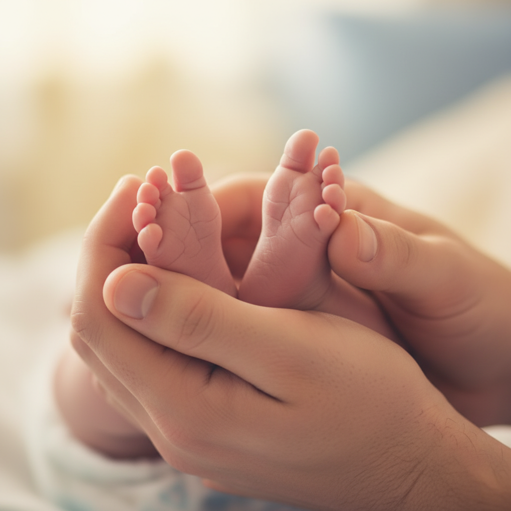 Close-up of newborn feet in hands illustrating care while choosing newborn baby alphabet name ideas with Vedic guidance