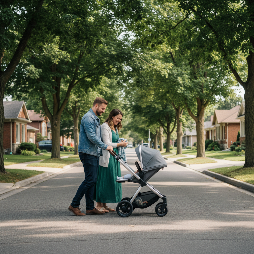 New parents walking with stroller in a quiet Canadian neighborhood, reflecting on newborn baby alphabet name ideas and auspicious letters