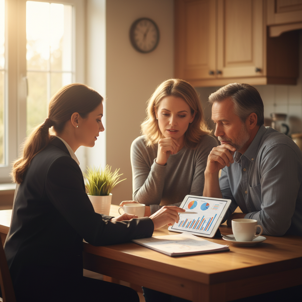 Realtor consulting Brampton homeowners at a kitchen table reviewing a tablet during a valuation strategy session