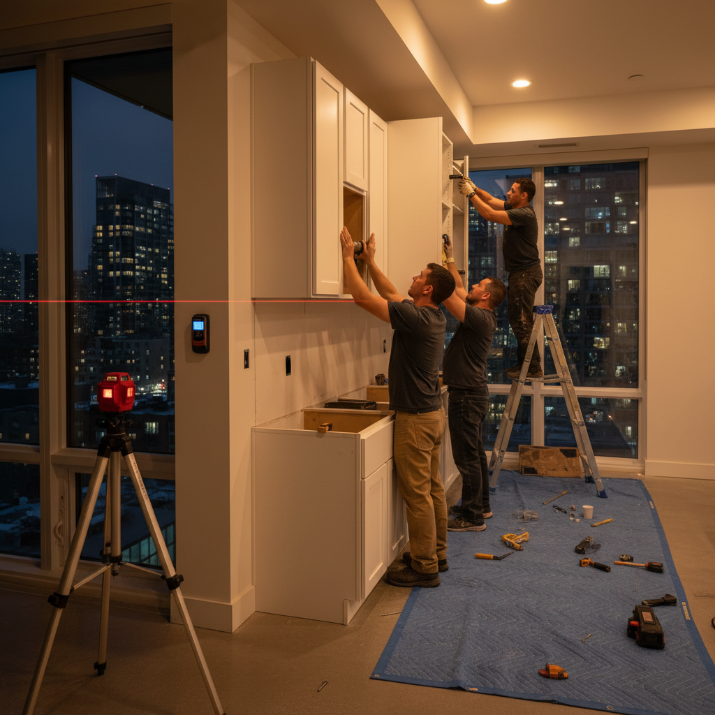 Kitchen Renovation Contractors: Cut Costs Without Losing Style 2 Contractors installing upper cabinets level with laser during a GTA kitchen renovation