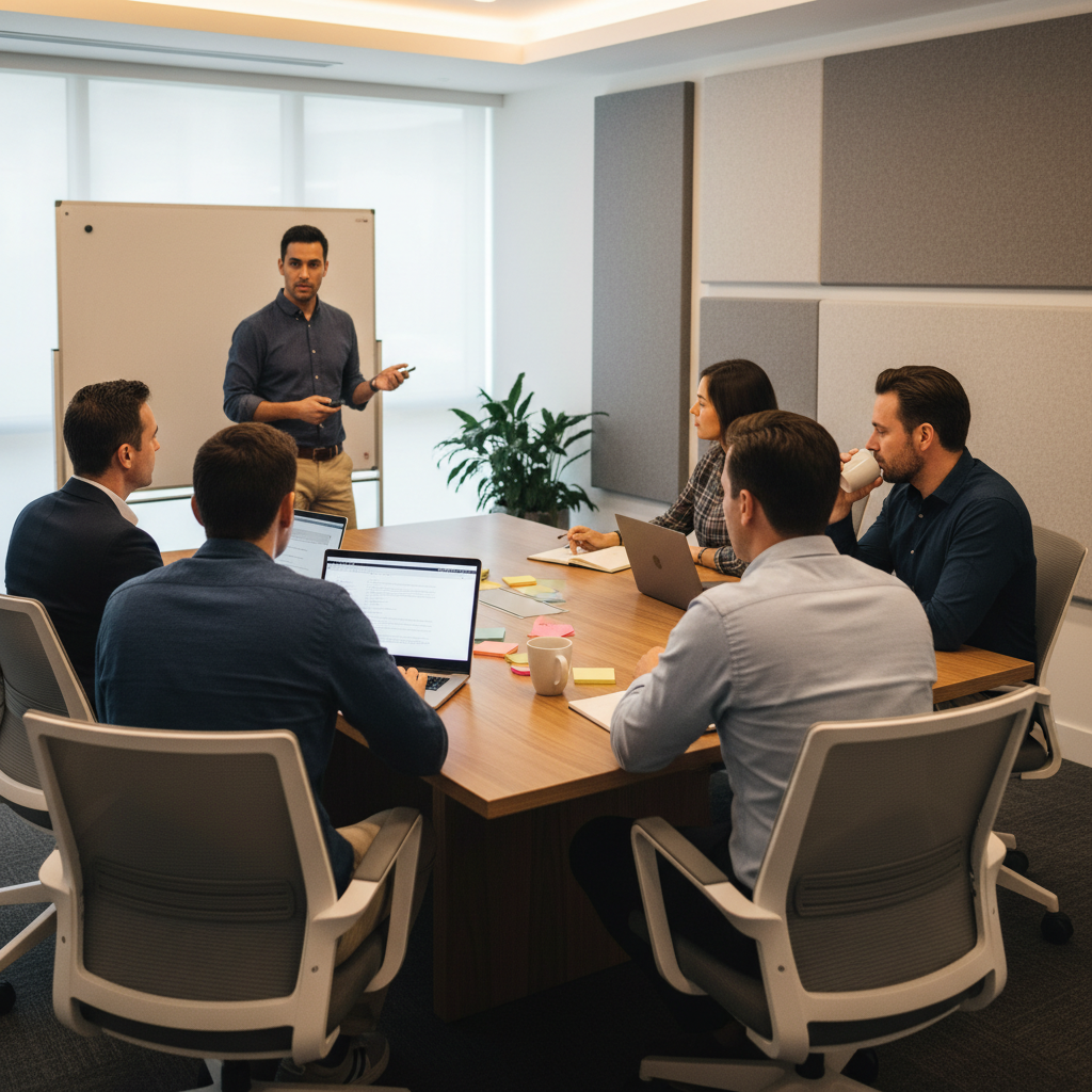 Instructor-led CBAP study group in a modern classroom setting practicing scenario-based questions