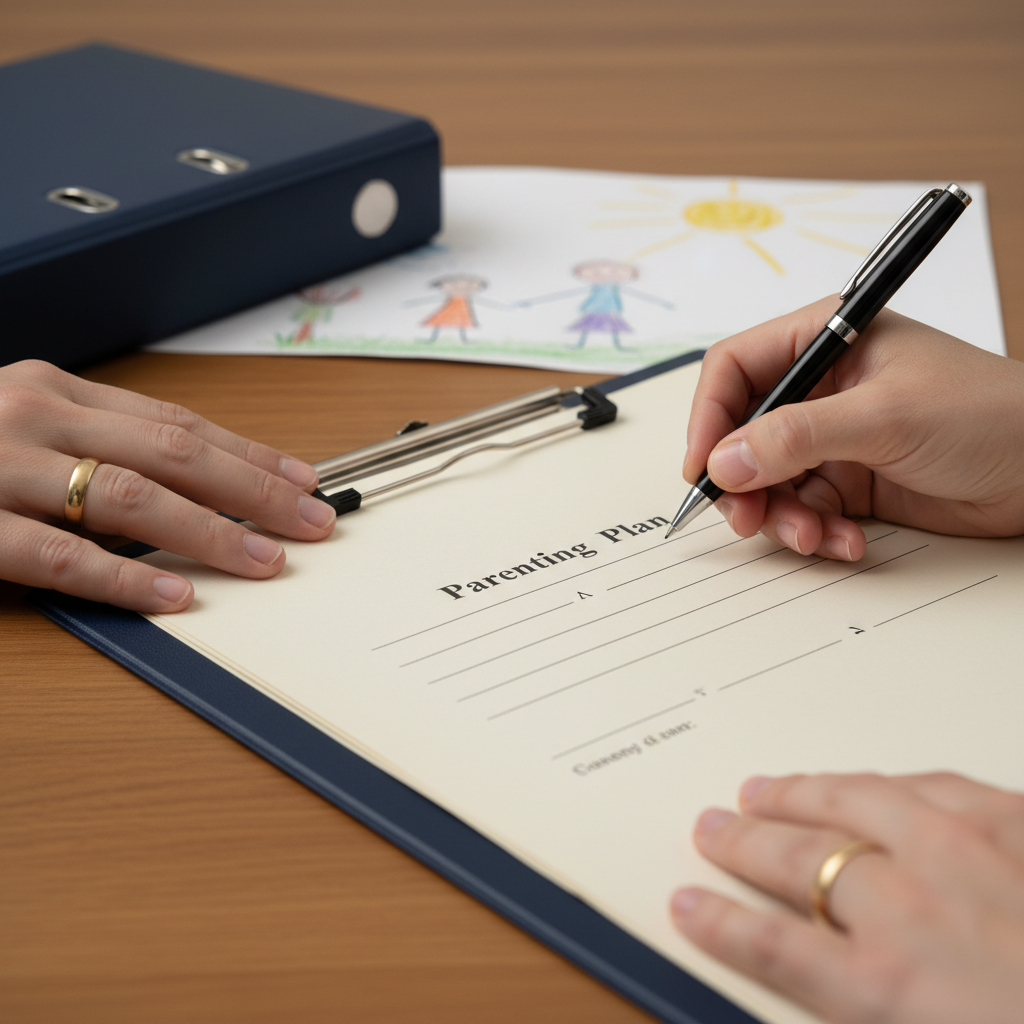 Close-up of hands signing a parenting plan agreement at a family law firm in Brampton, illustrating documentation discipline