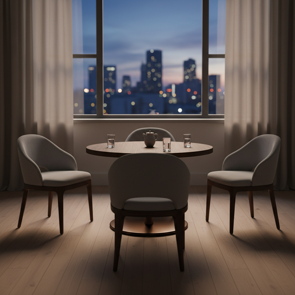 Neutral family mediation room setup used by a family law firm, showing a calm space for negotiations in Brampton