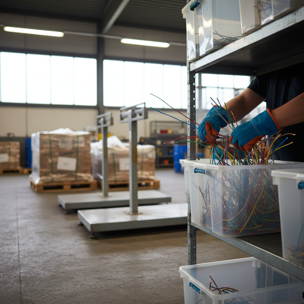 Worker wearing gloves sorting mixed insulated copper wires by color into totes for accurate copper wire recycling grades