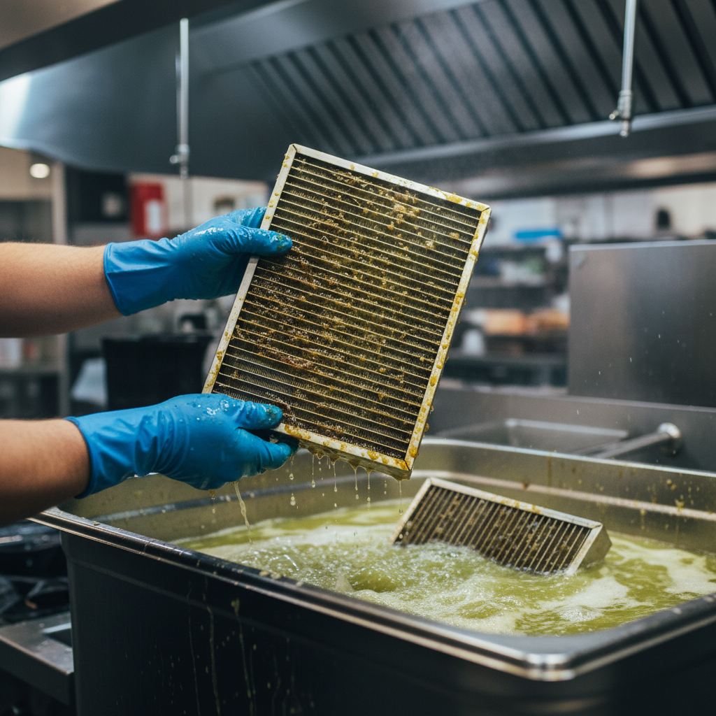 Close-up baffle filter cleaning during restaurant kitchen exhaust cleaning with degreaser and gloved hands