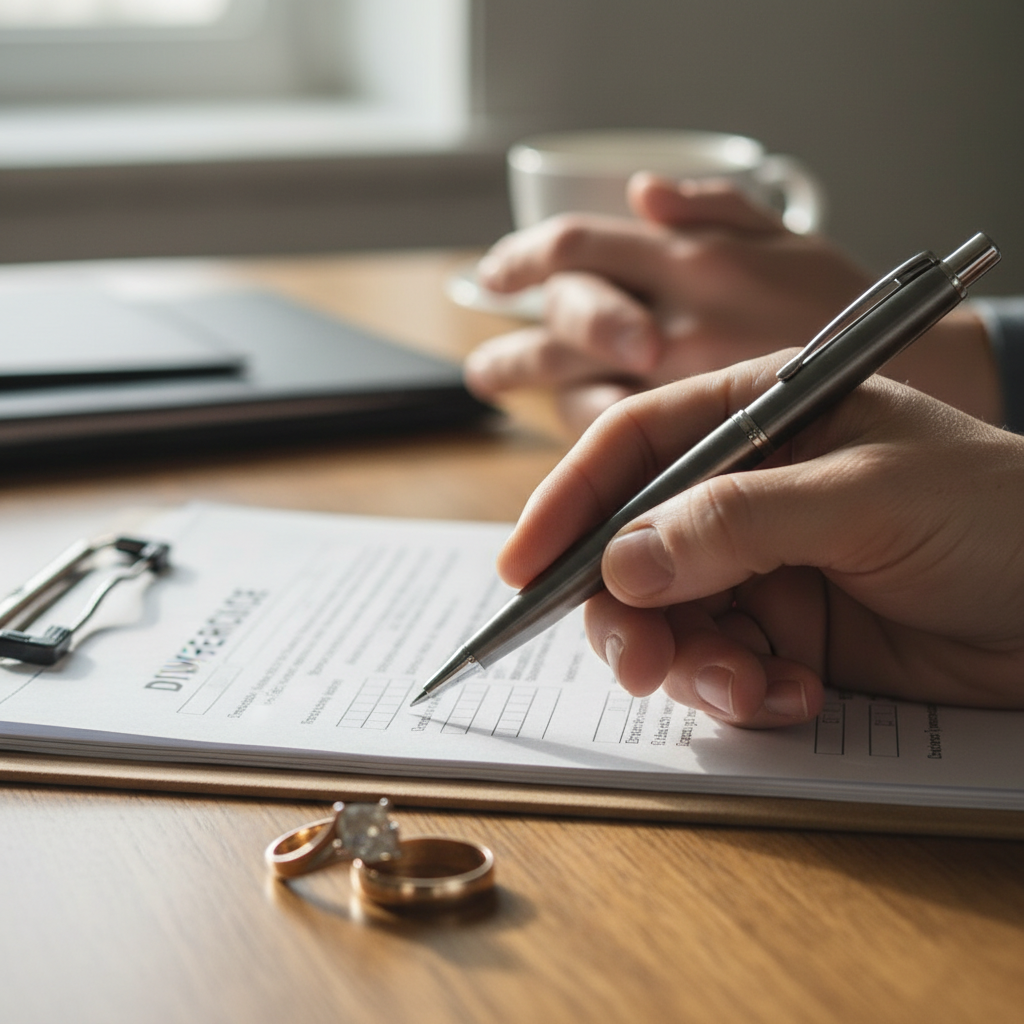 Close-up of signing no-fault divorce paperwork with wedding ring aside, illustrating Ontario separation documentation