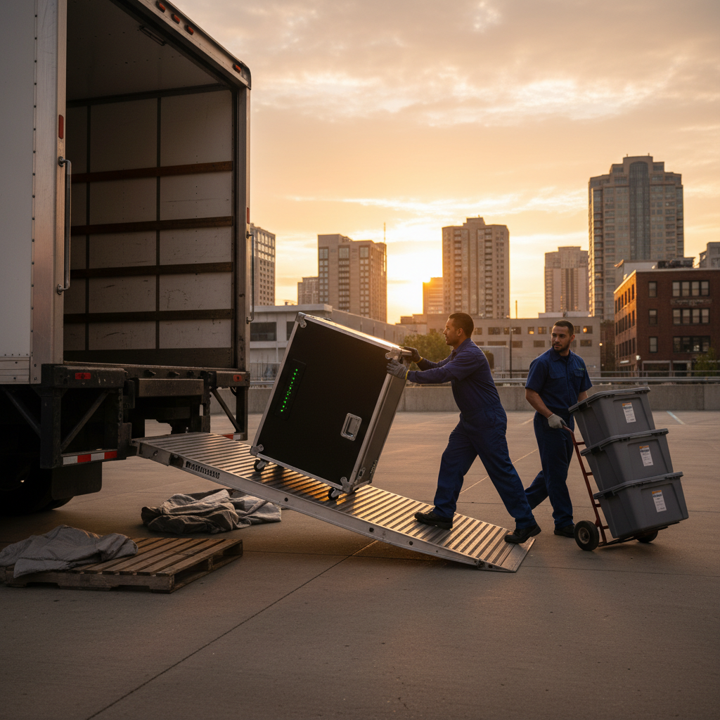 Movers loading server-safe rolling cases and sealed document totes onto a ramp at a Dubai office loading dock during sunset
