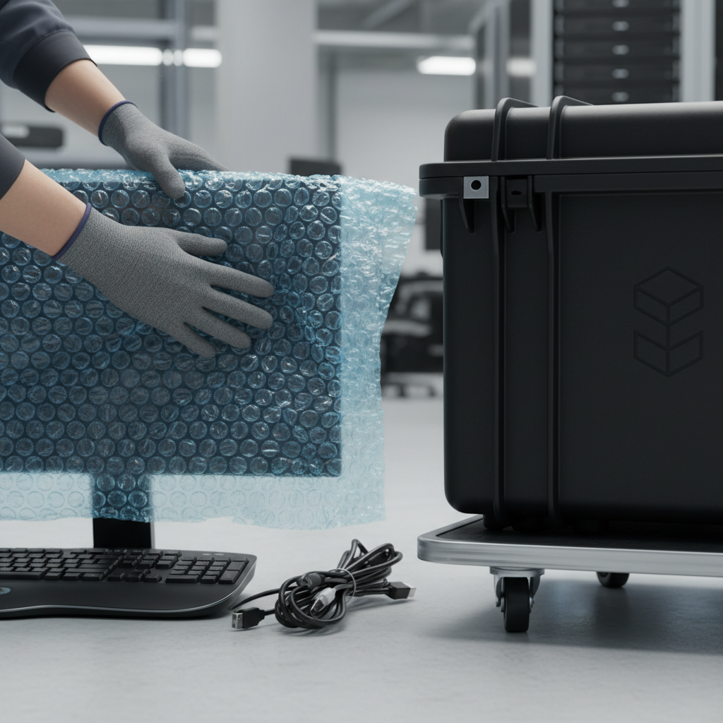 Close-up of professional office packers wrapping monitors with anti-static bubble wrap and cable ties for an office move in Dubai