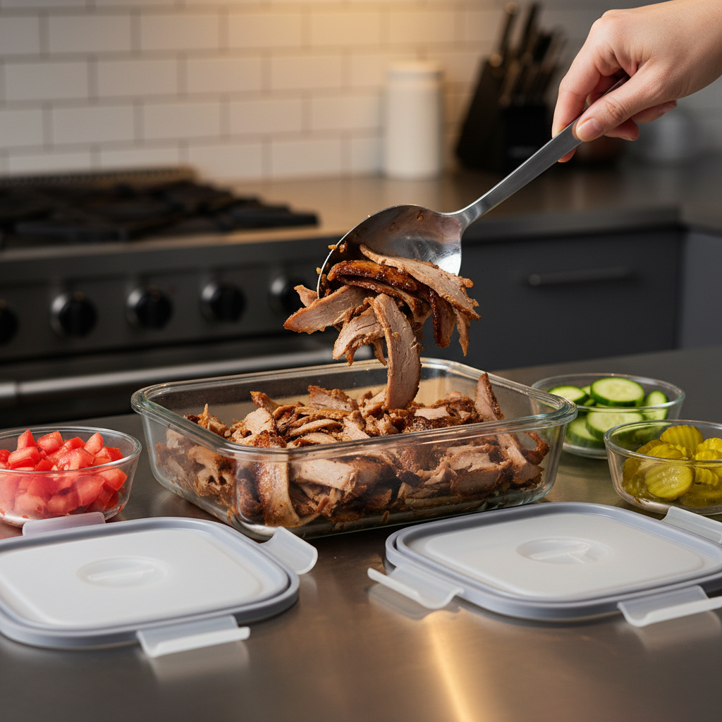 Close-up of fresh shawarma being portioned into catering containers with crisp toppings, illustrating how to keep catering food fresh for Toronto events