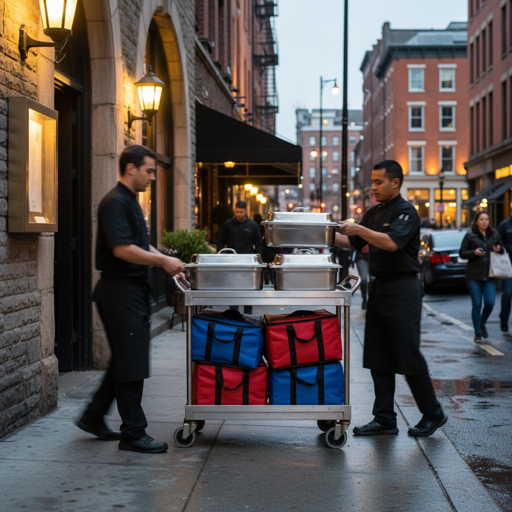 Insulated catering bags and chafing dishes on a cart heading into an Old Toronto office building for on-time setup and fresh service