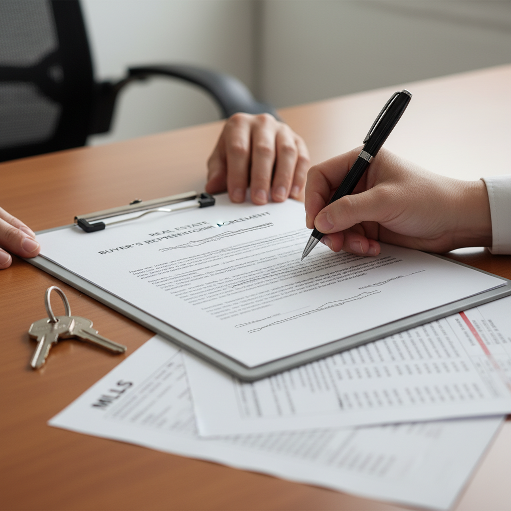 Close-up of signing a buyer representation agreement with pen, keys, and listing sheets on a desk