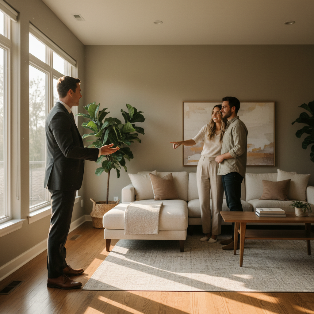 Realtor touring a staged townhouse living room with a young couple during a private showing