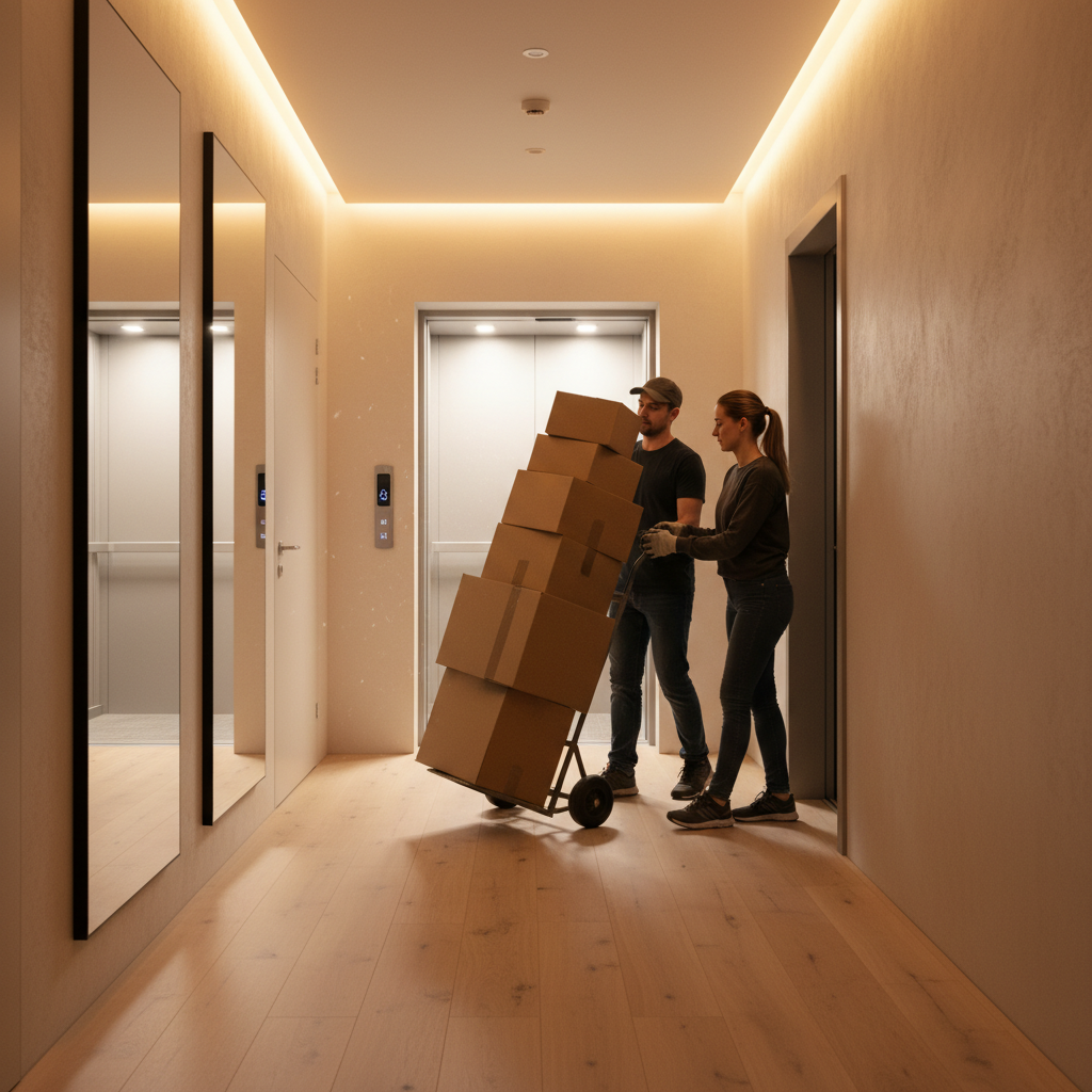 Dubai apartment hallway move with hand truck and labeled boxes showing efficient local moving logistics