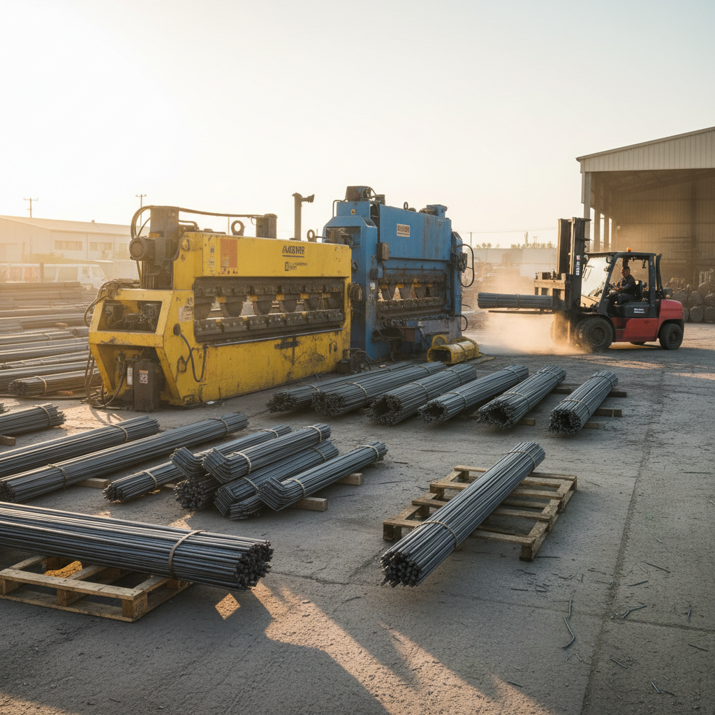 Industrial rebar fabrication yard supporting 3D detailing with cut and bend machines and sequenced bundles