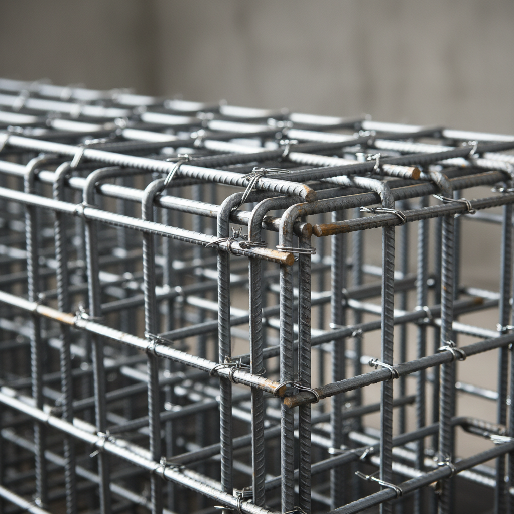 Close-up of dense rebar cage modeled for 3D rebar detailing with accurate ties and spacing