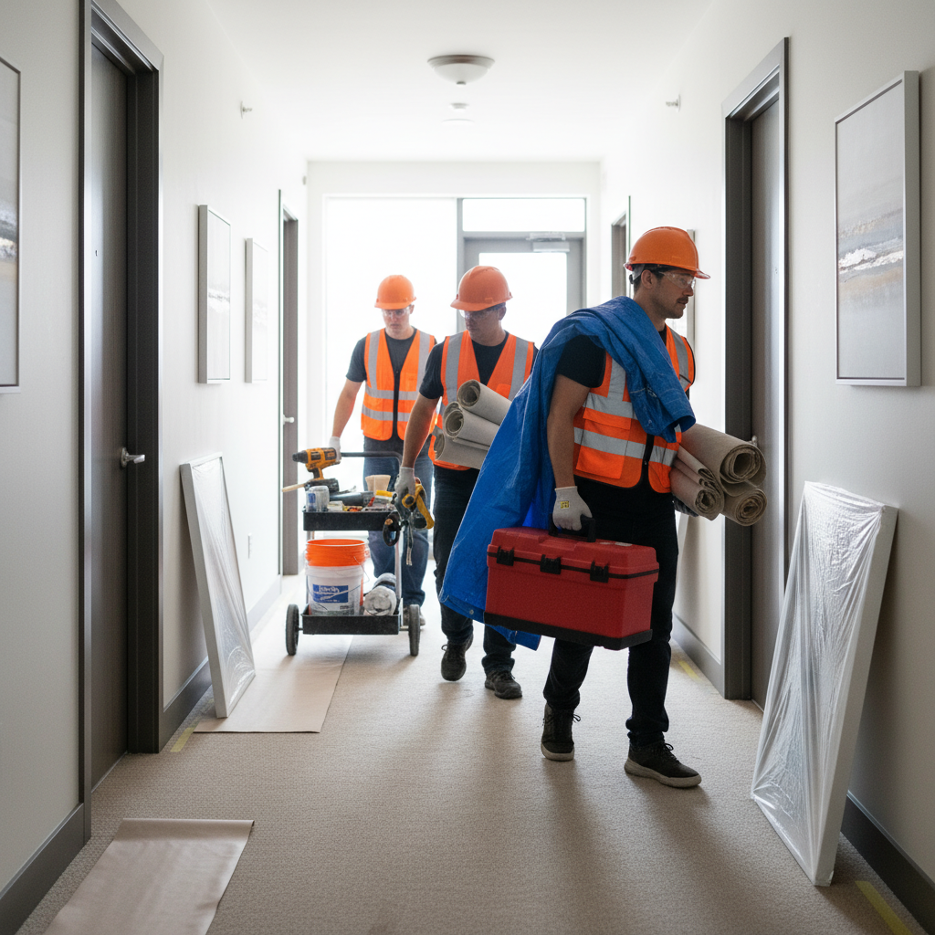 Renovation crew staging materials in a multi-unit corridor during a full unit turnover in London ON