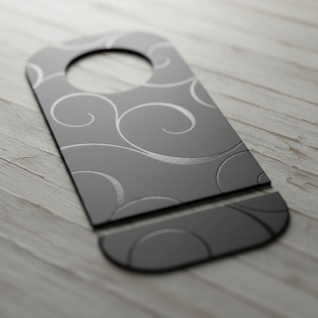 Close-up of premium die-cut door hanger with soft-touch finish and raised spot UV, ideal for local marketing in Mississauga