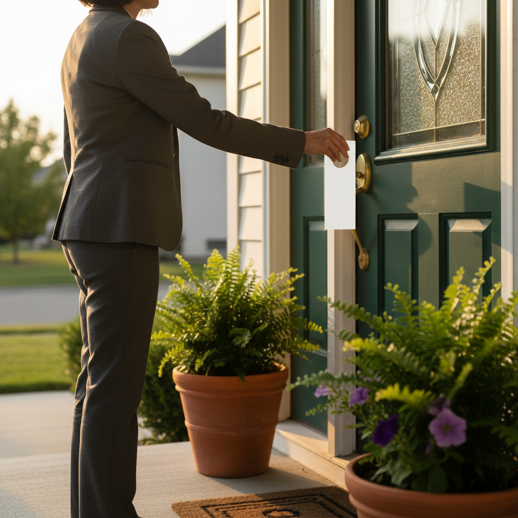 Real estate agent placing a door hanger on a front door handle during local distribution at golden hour in Mississauga