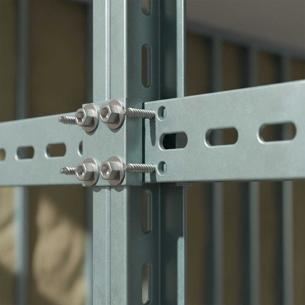 Close-up of slotted deflection track and heavy-gauge exterior steel stud connection for exterior framing quality