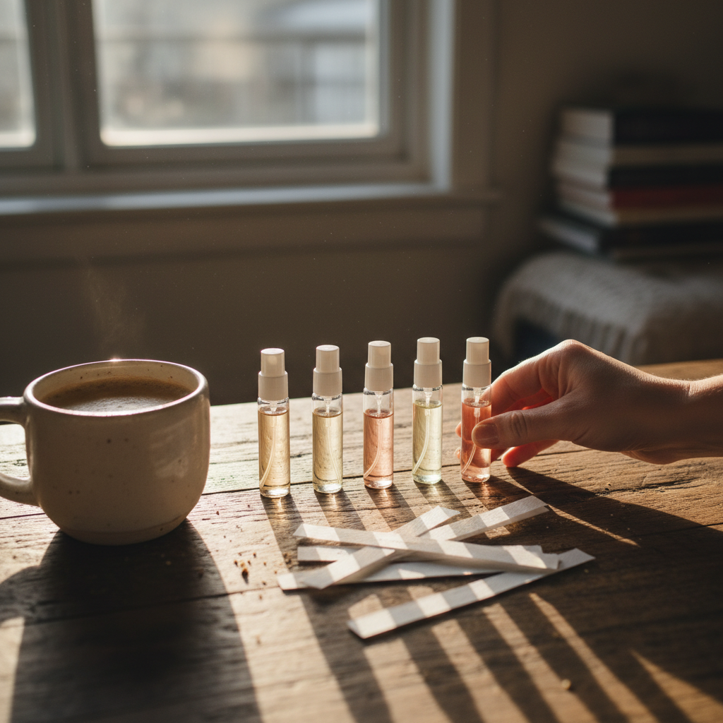Lifestyle view of a curated niche perfume sample set with blotter strips, ideal for at-home discovery testing