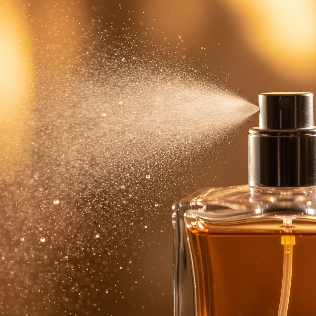 Close-up of a niche perfume atomizer misting an amber eau de parfum, illustrating projection and longevity in niche fragrances