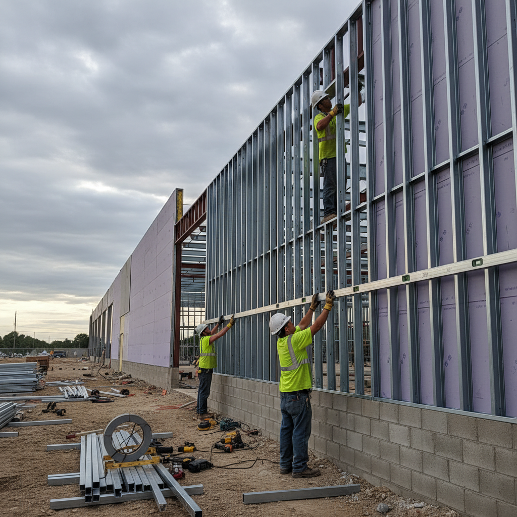 Framing crew installing exterior steel studs and bridging channel on a commercial facade