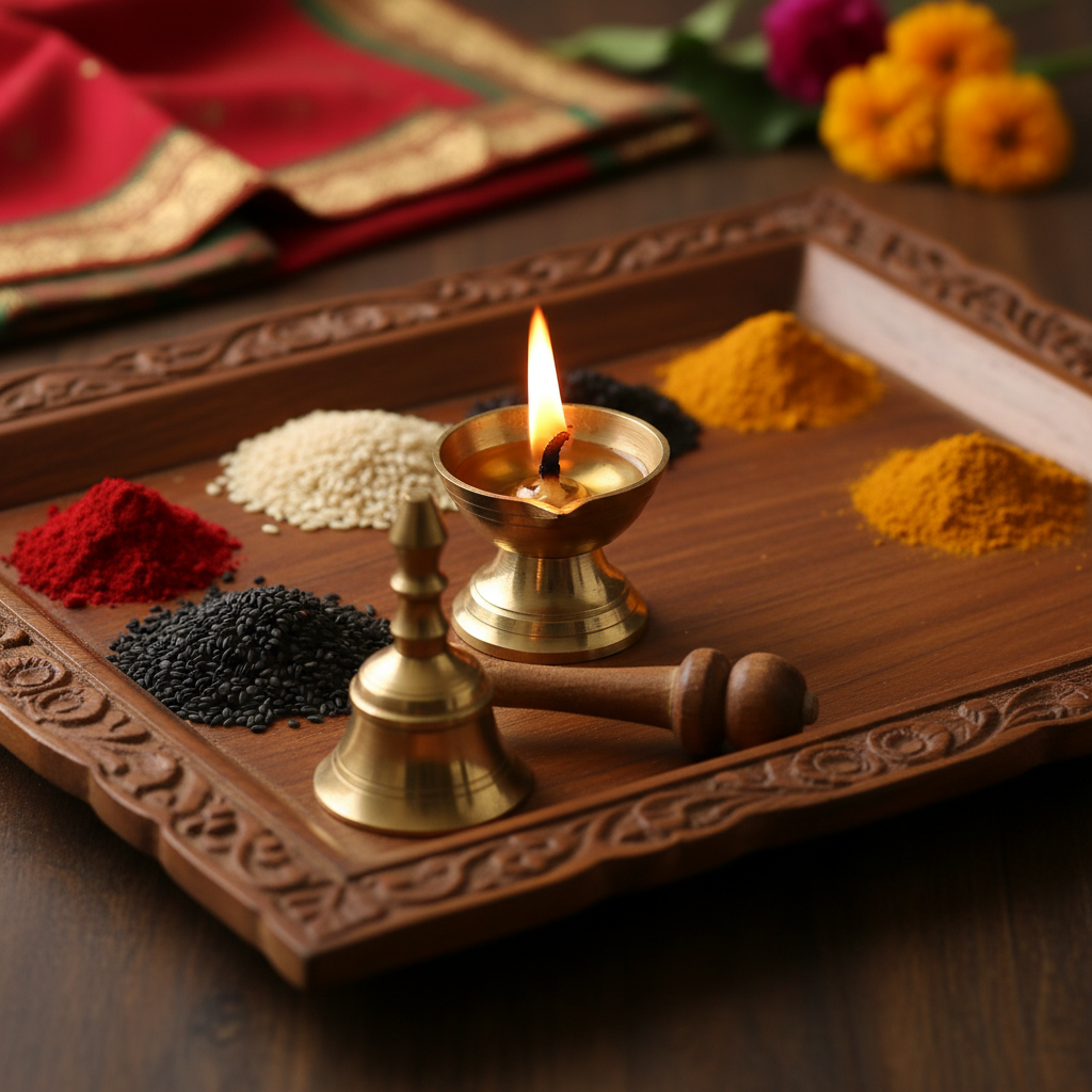 Close-up of Vedic pooja essentials for Navagraha remedies with sesame, kumkum, turmeric, and a ghee lamp